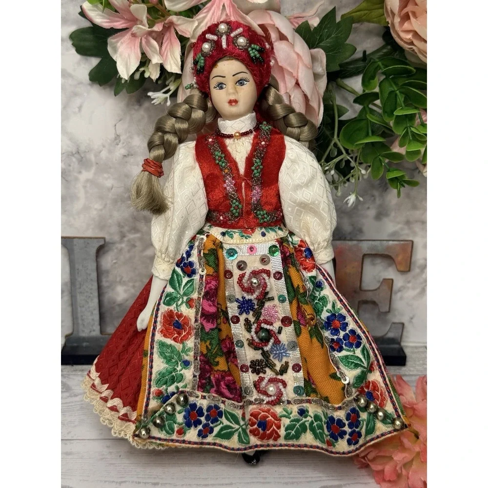 Vintage Folk Ethnic Female Doll Handmade Beaded Clothes Hat Braided Hair 10